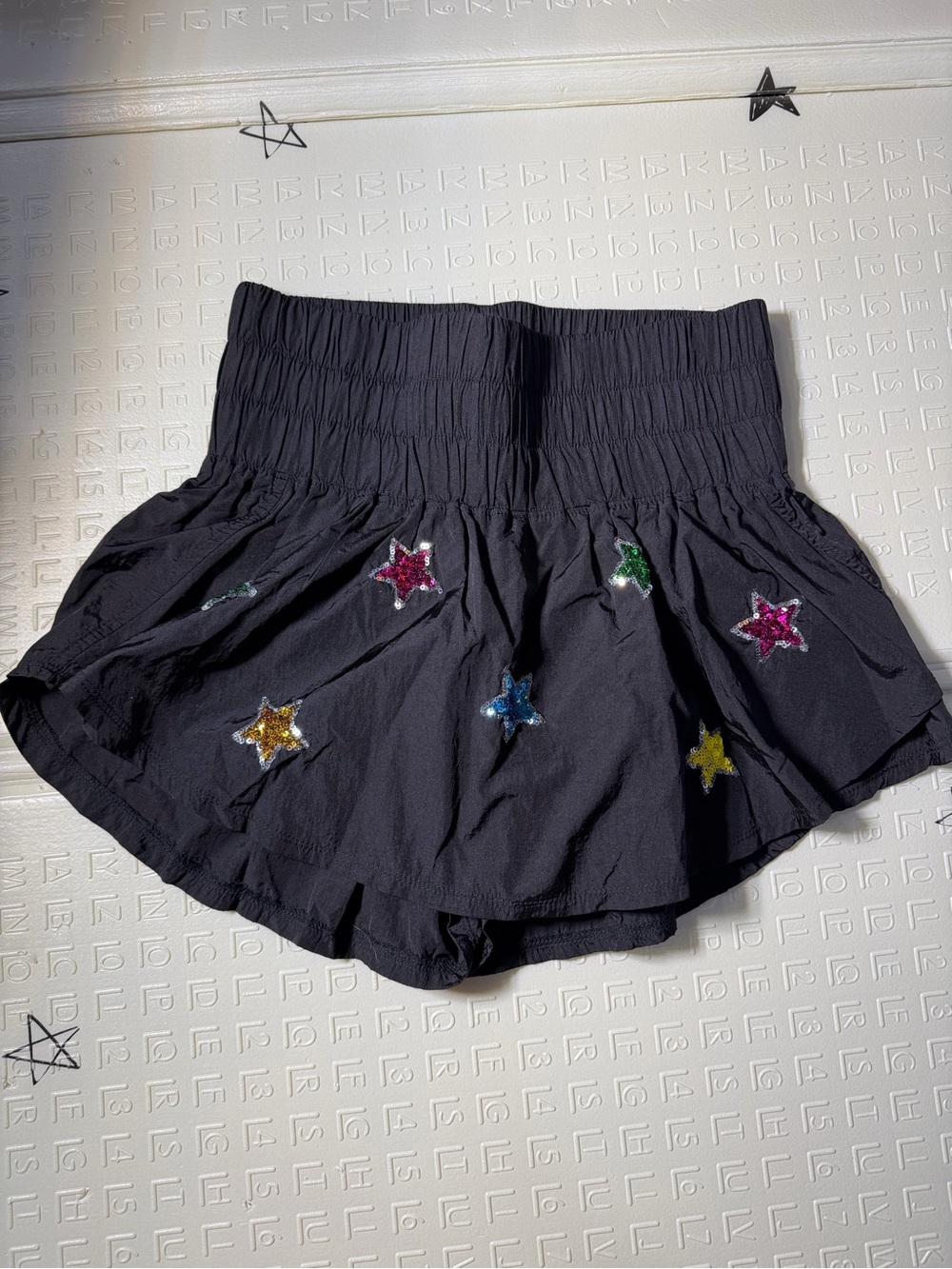 Peach Love California Black Smocked-Waist Shorts with Multicolor Sequin Stars
